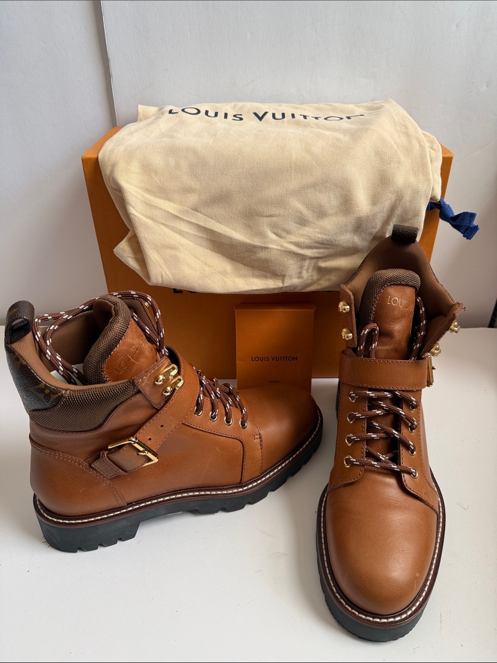 Louis Vuitton Territory Ranger Combat Boots in Cognac Brown Calfskin